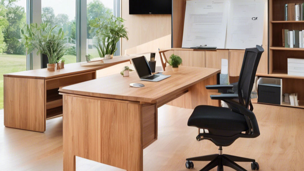 Modern office with wooden furniture, black chair, laptop on desk, and potted plants. Large windows showing greenery outside. Bright, tidy space.