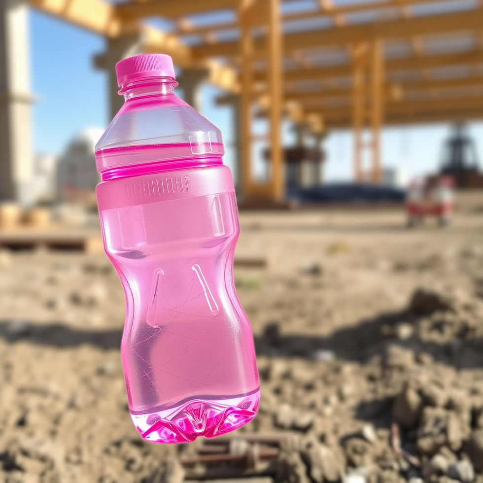 Close-up view of a cooling neck wrap and water bottle on a construction site table