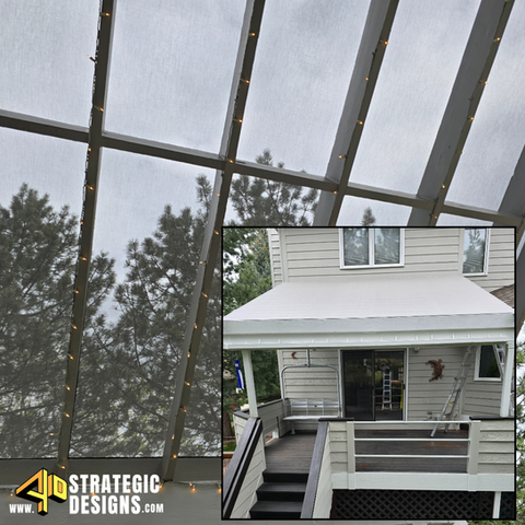 Pergola enhanced with solar fabric, blocking UV rays while maintaining a sleek and modern design