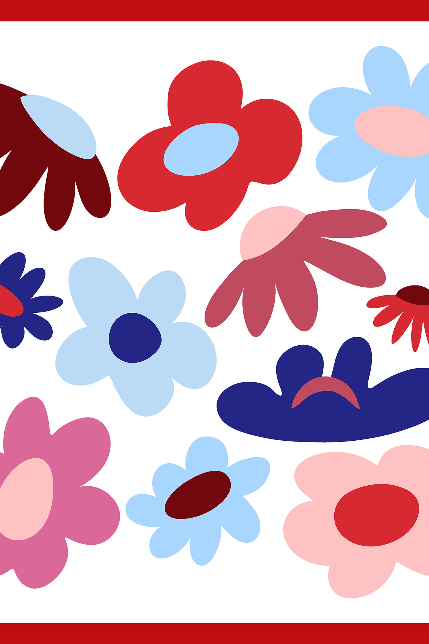 Como silk square scarf with scattered abstract flower forms in Bordeaux, Cerulean, Cobalt, and Deep Rose on Ivory; Terracotta