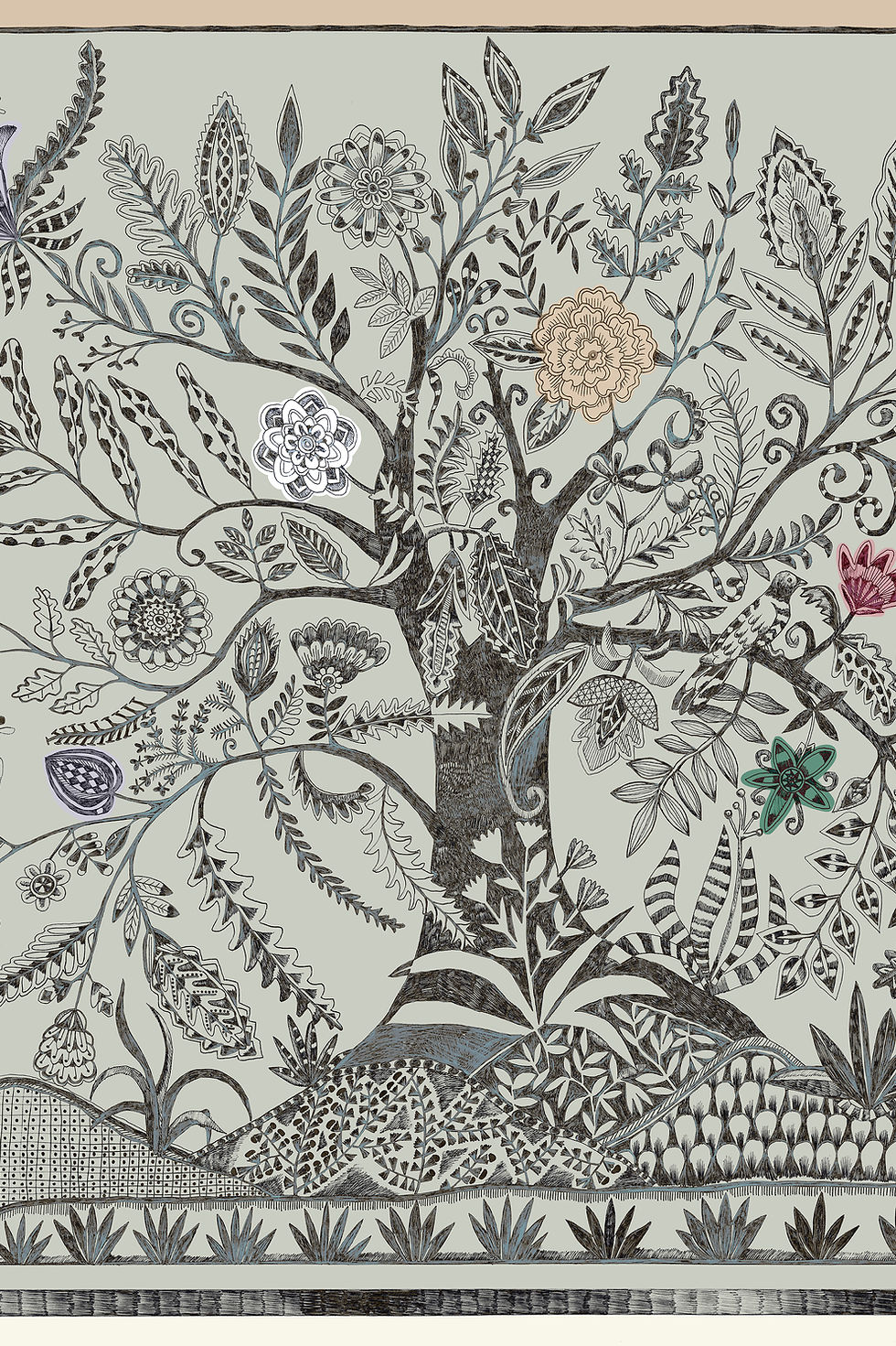 Thumbnail: Modal-linen-silk wrap with tree-of-life botanical in Charcoal on Chalk ground; Cerulean and Amber flower accents; self-fringe