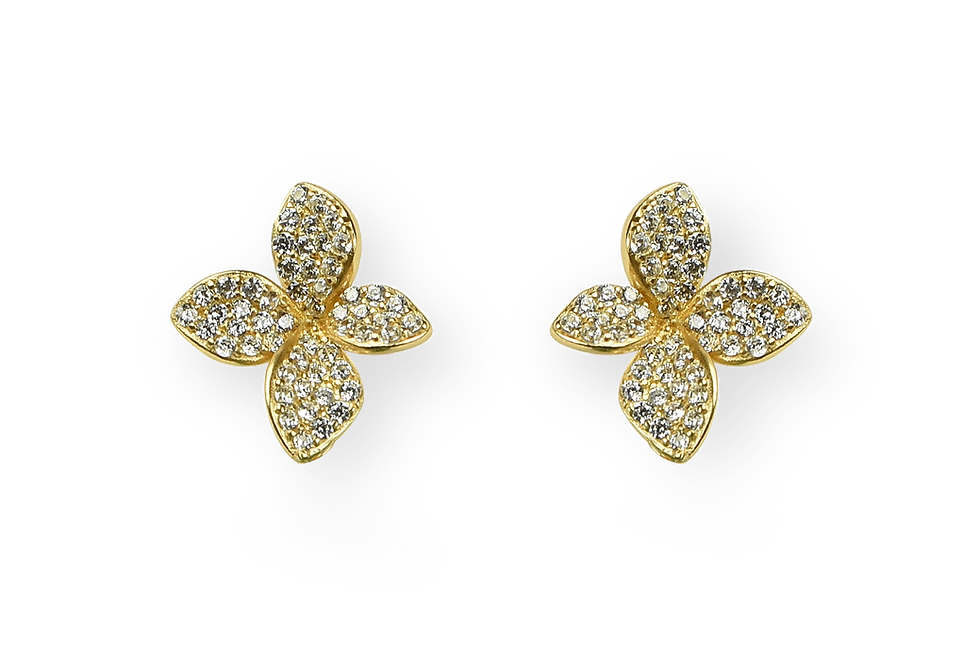 Gold pavé CZ four-petal flower stud earrings with all-stone petal setting