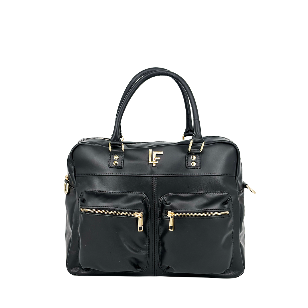 Ebony calfskin satchel with dual exterior zip pockets and gold LF badge