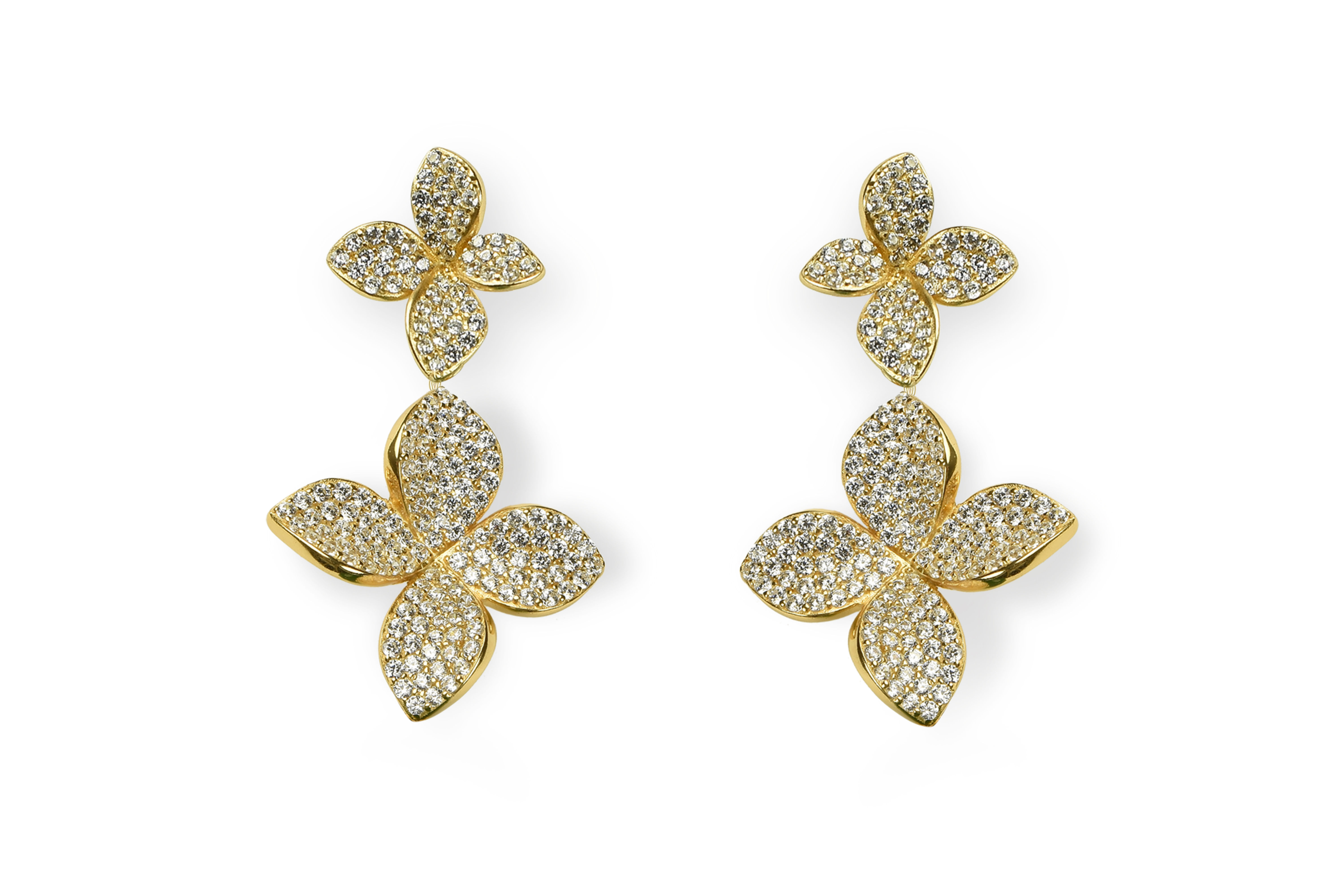 Gold double stacked pavé CZ four-petal flower drop earrings, smaller stud above and larger bloom below