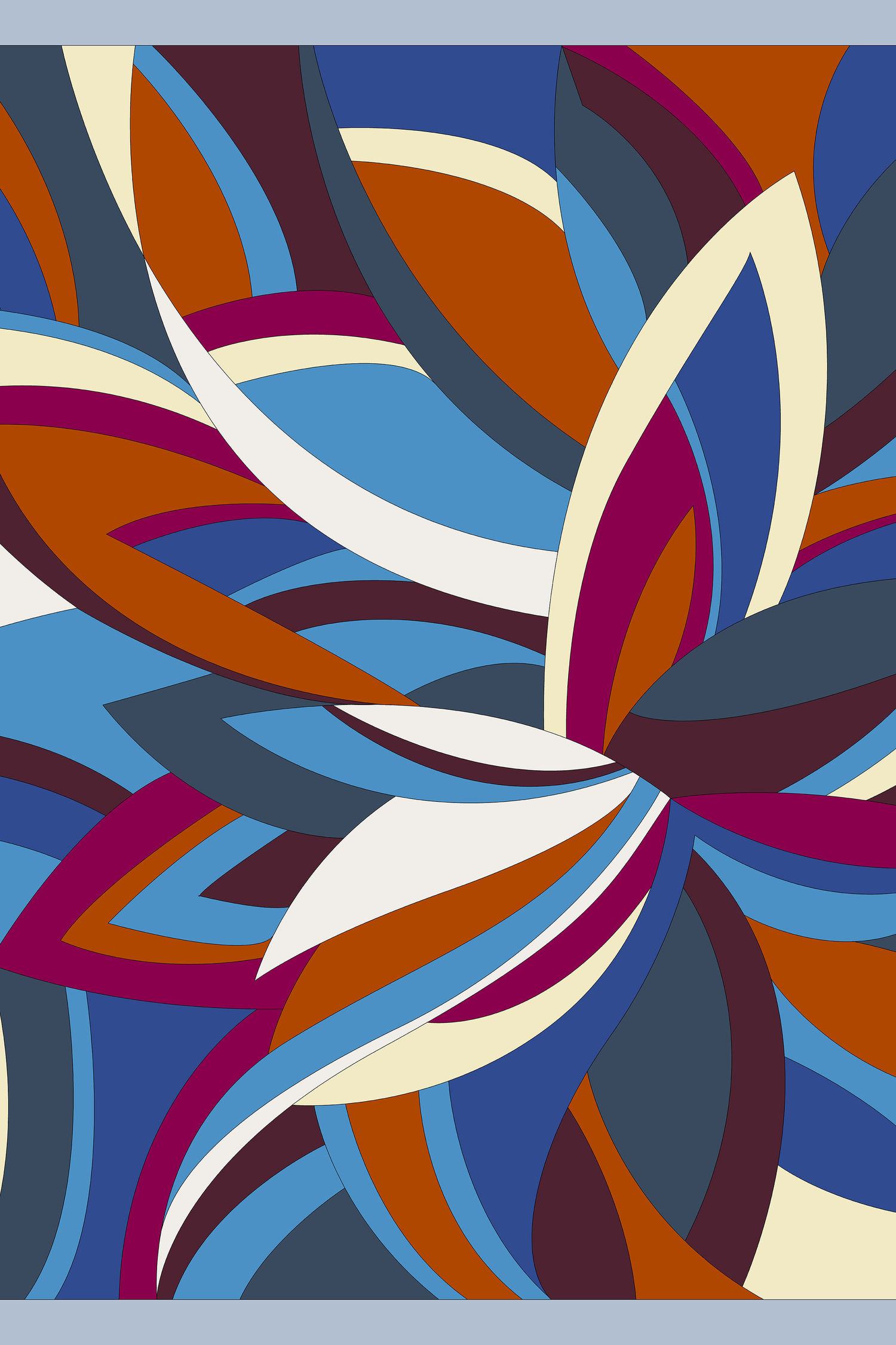 Como silk square scarf with spiral petal geometric in Cobalt, Terracotta, Burgundy, and Ivory on Steel; 135x135cm; flat lay