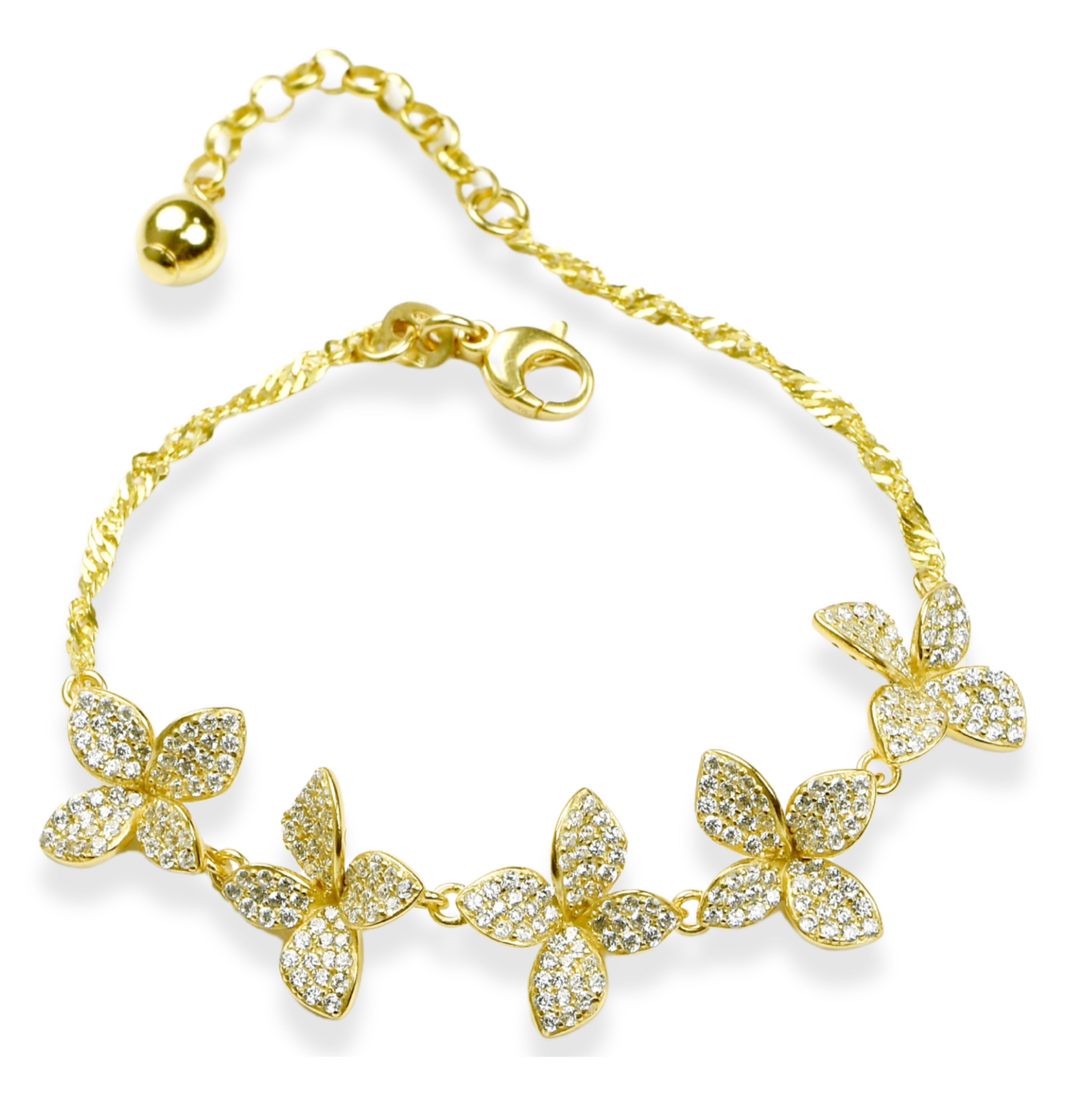 Gold Pavé Flower Station Herringbone Bracelet