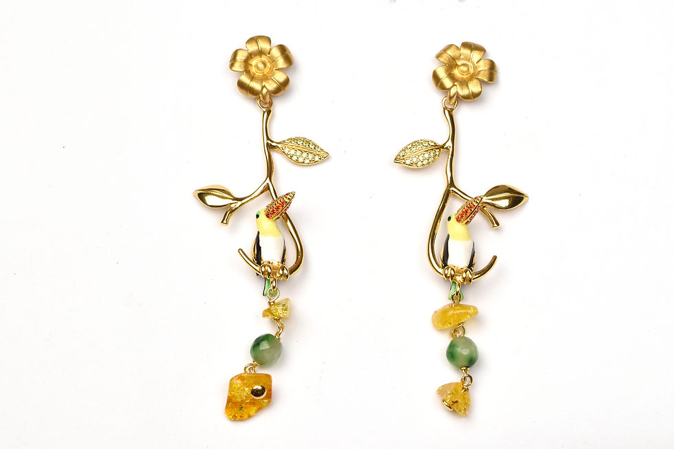 Toucan Enamel Citrine Branch Drop Earrings