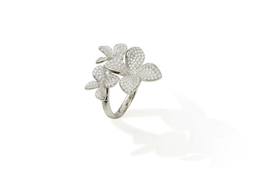 Silver rhodium triple pavé CZ flower cluster ring with three graduated flower heads