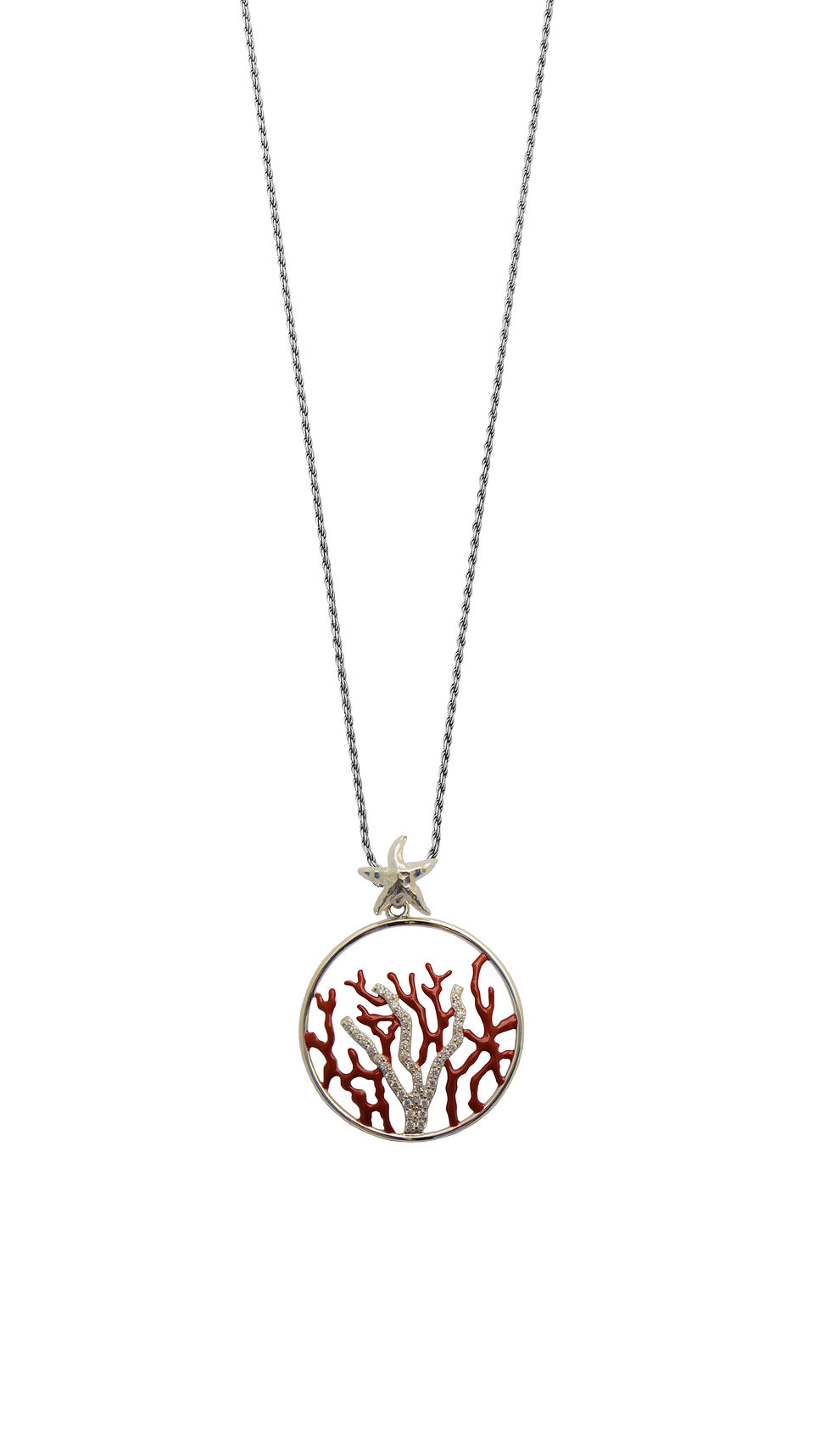 Open circle pendant with terracotta enamel coral branches and pavé CZ accent, starfish bail, silver chain