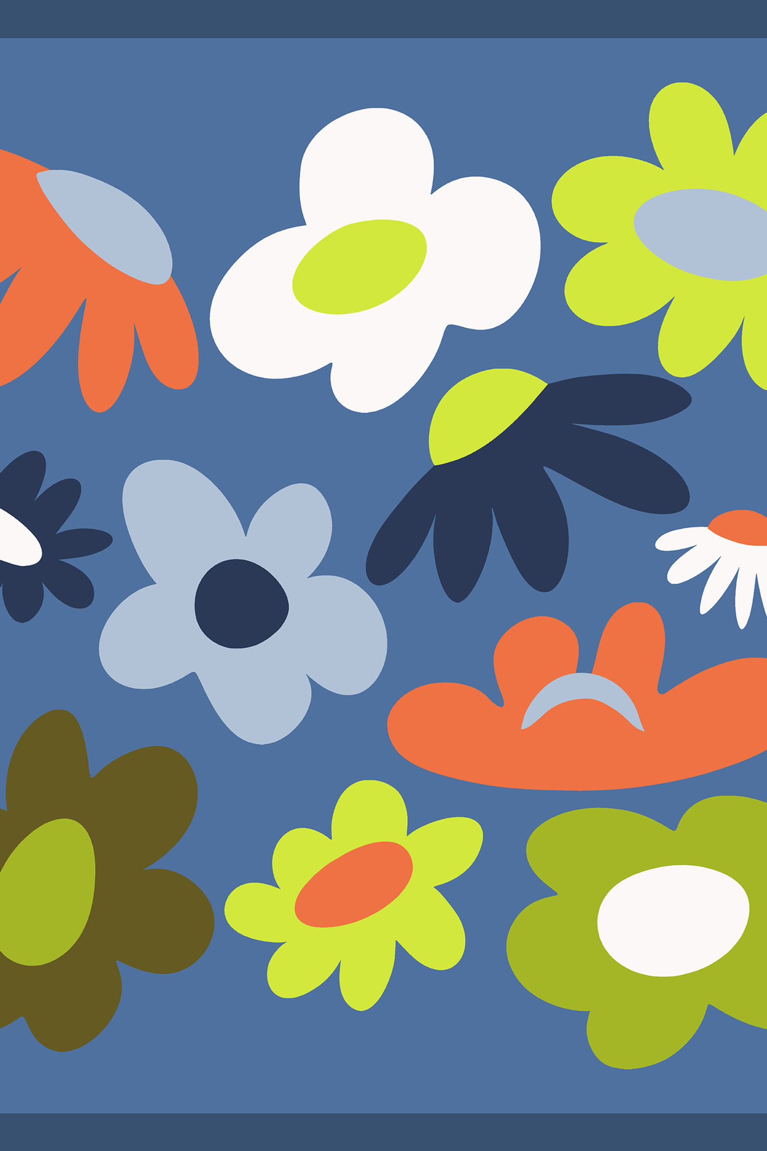 Como silk square scarf with scattered abstract flower forms in Terracotta, Olive, Ivory, and Navy on Steel ground; no border;