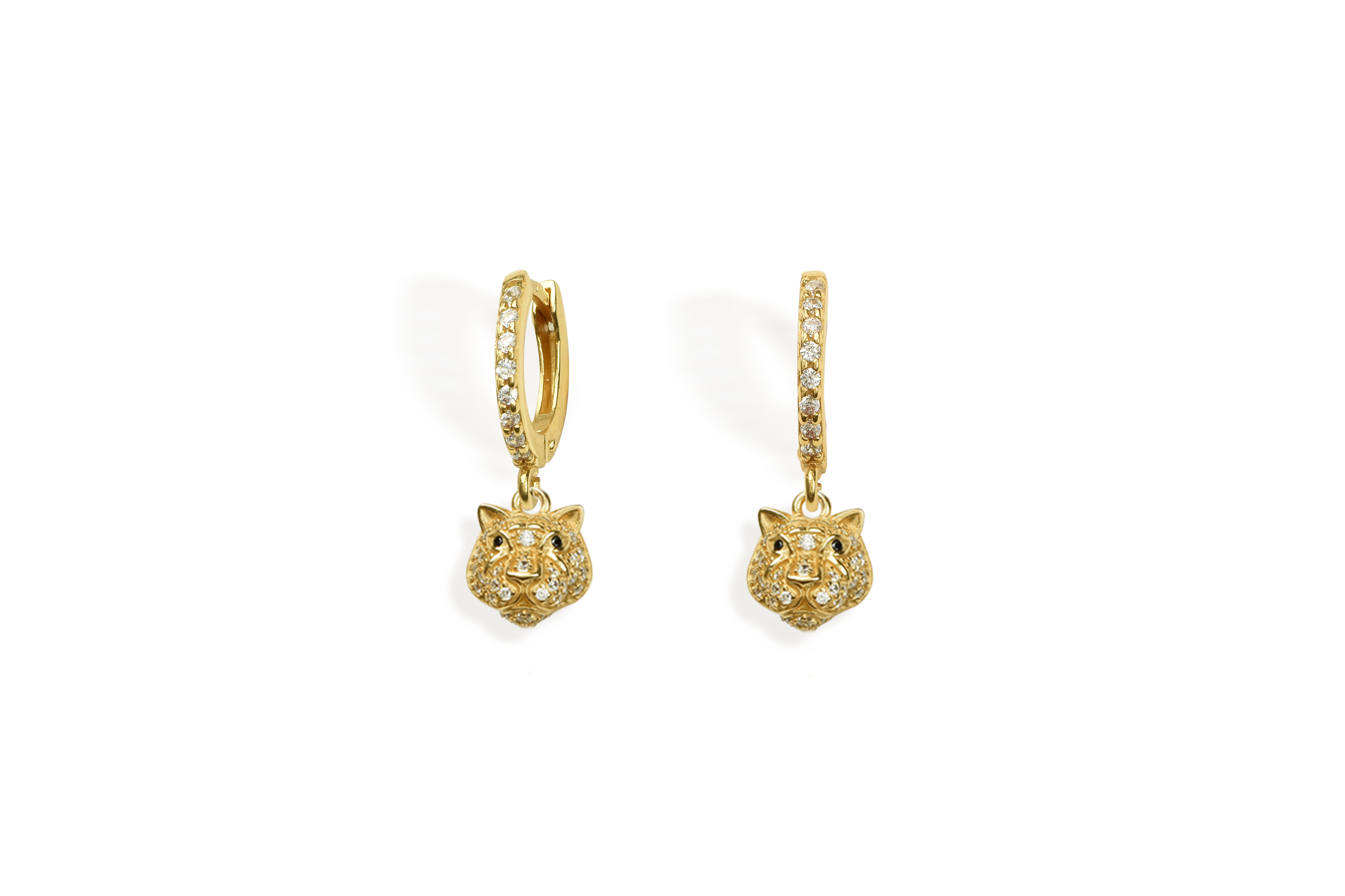 Gold pavé CZ leopard head pendant drop from pavé huggie hoop earring