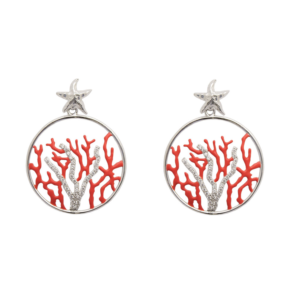 Open circle drop earrings with terracotta enamel coral branches and pavé CZ, silver pavé starfish stud tops