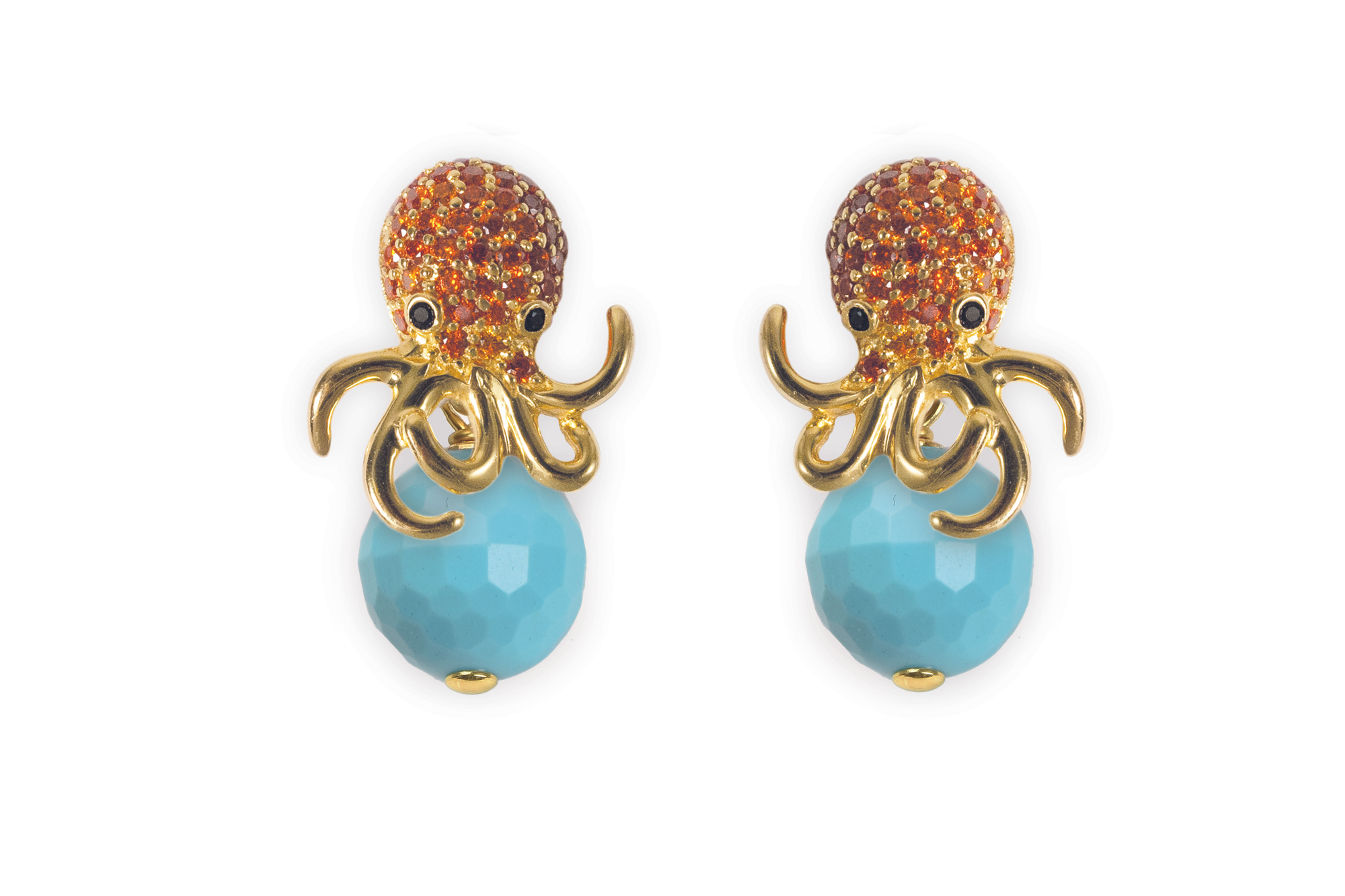 Three-dimensional gold octopus stud earrings with terracotta pavé heads and faceted turquoise ball drops