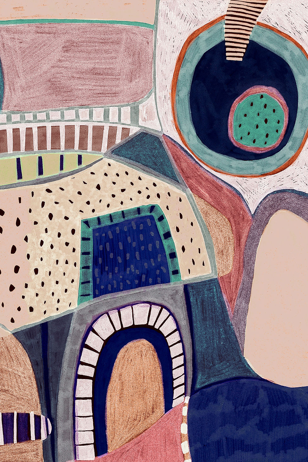 Thumbnail: Como silk square scarf with expressionist abstract forms in Blush, Navy, Turquoise, and Camel on Ivory ground; seed-dot motif