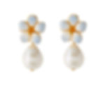 Five-petal cerulean-to-ivory gradient enamel flower stud with suspended baroque ivory pearl teardrop drop