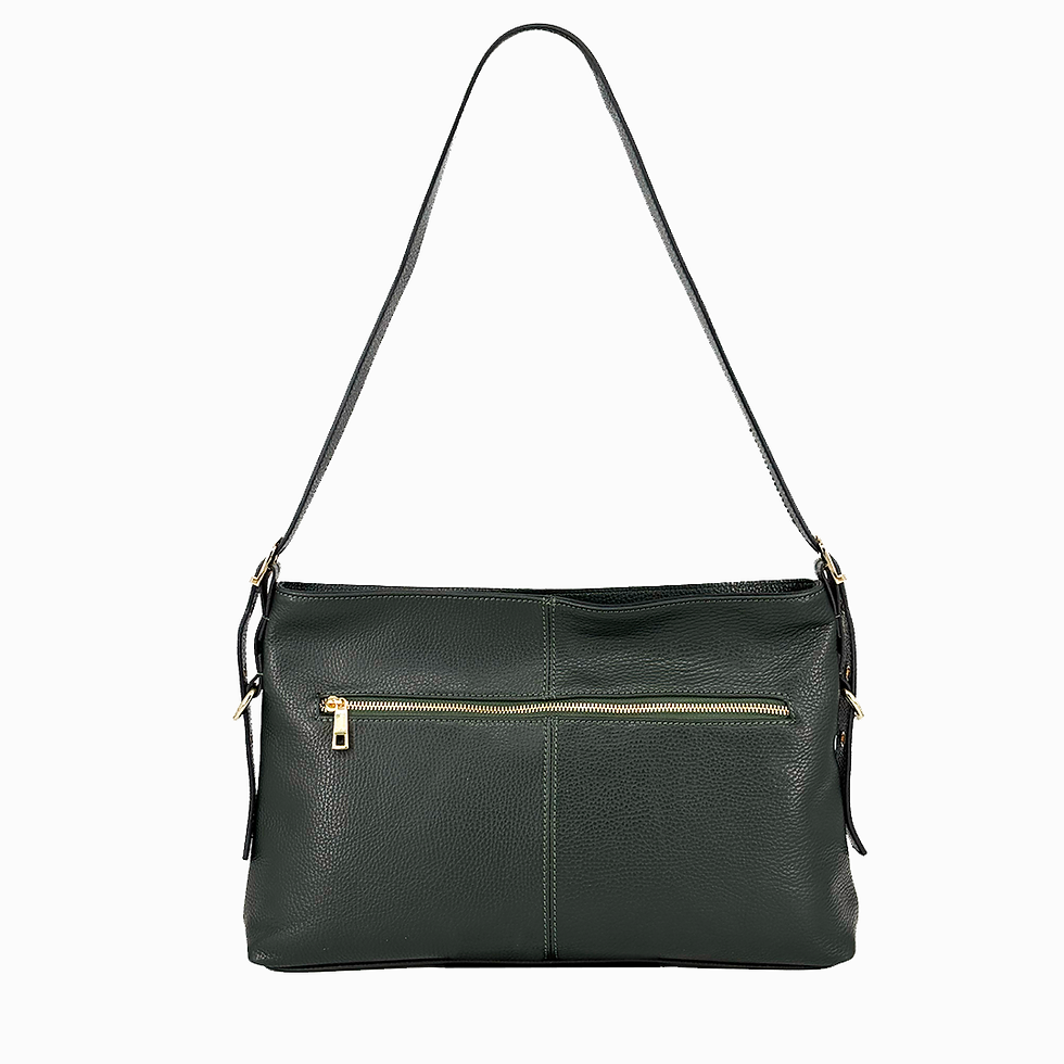 Thumbnail: Back view of view of forest calfskin wide shoulder bag with a zipper across the back