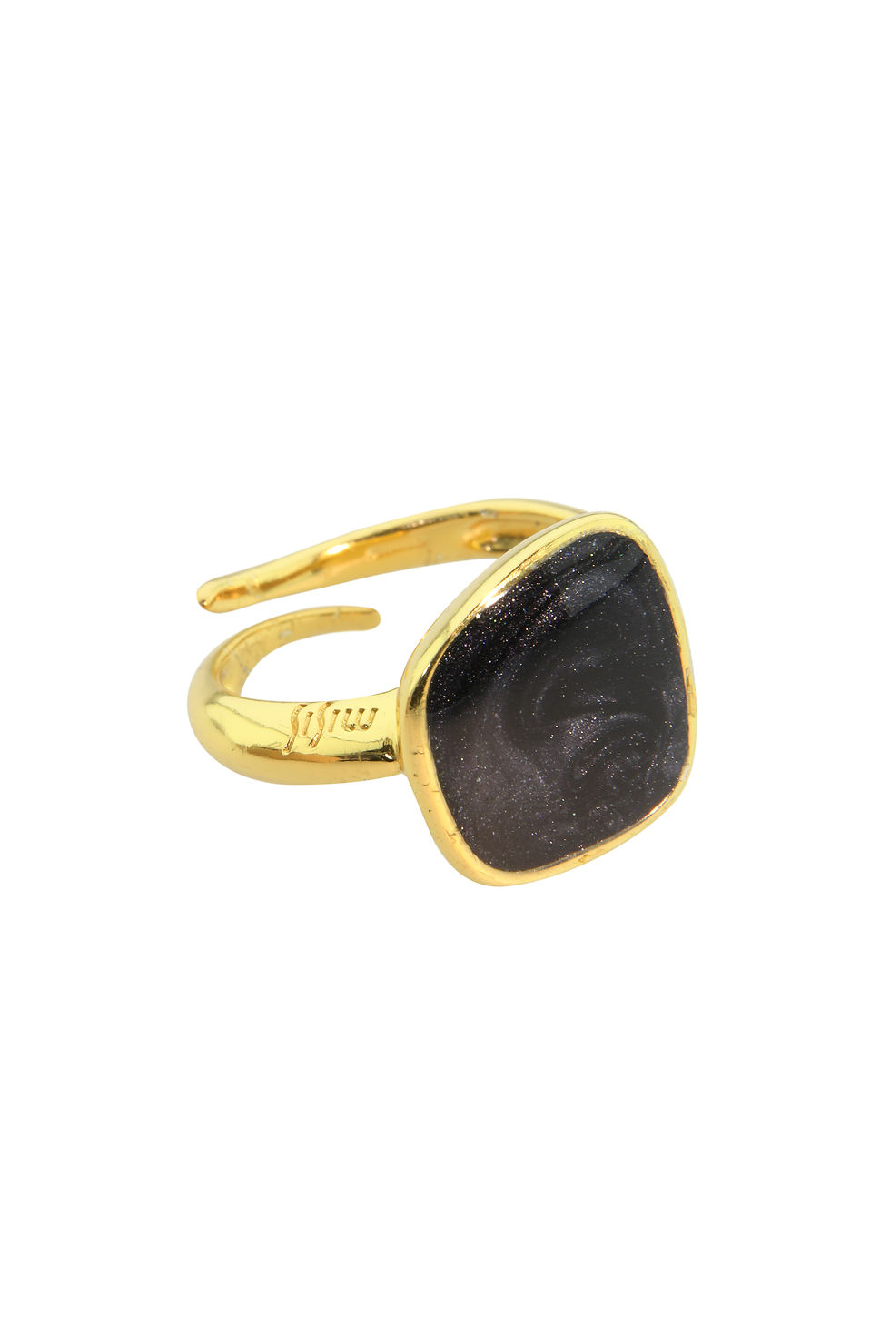 Large dark charcoal shimmer stone in smooth gold bezel on adjustable band ring