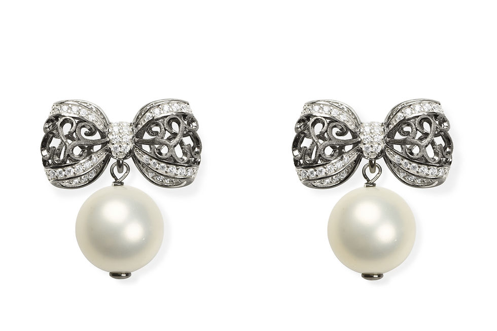 Dark Silver Filigree Bow Pearl Drop Earrings