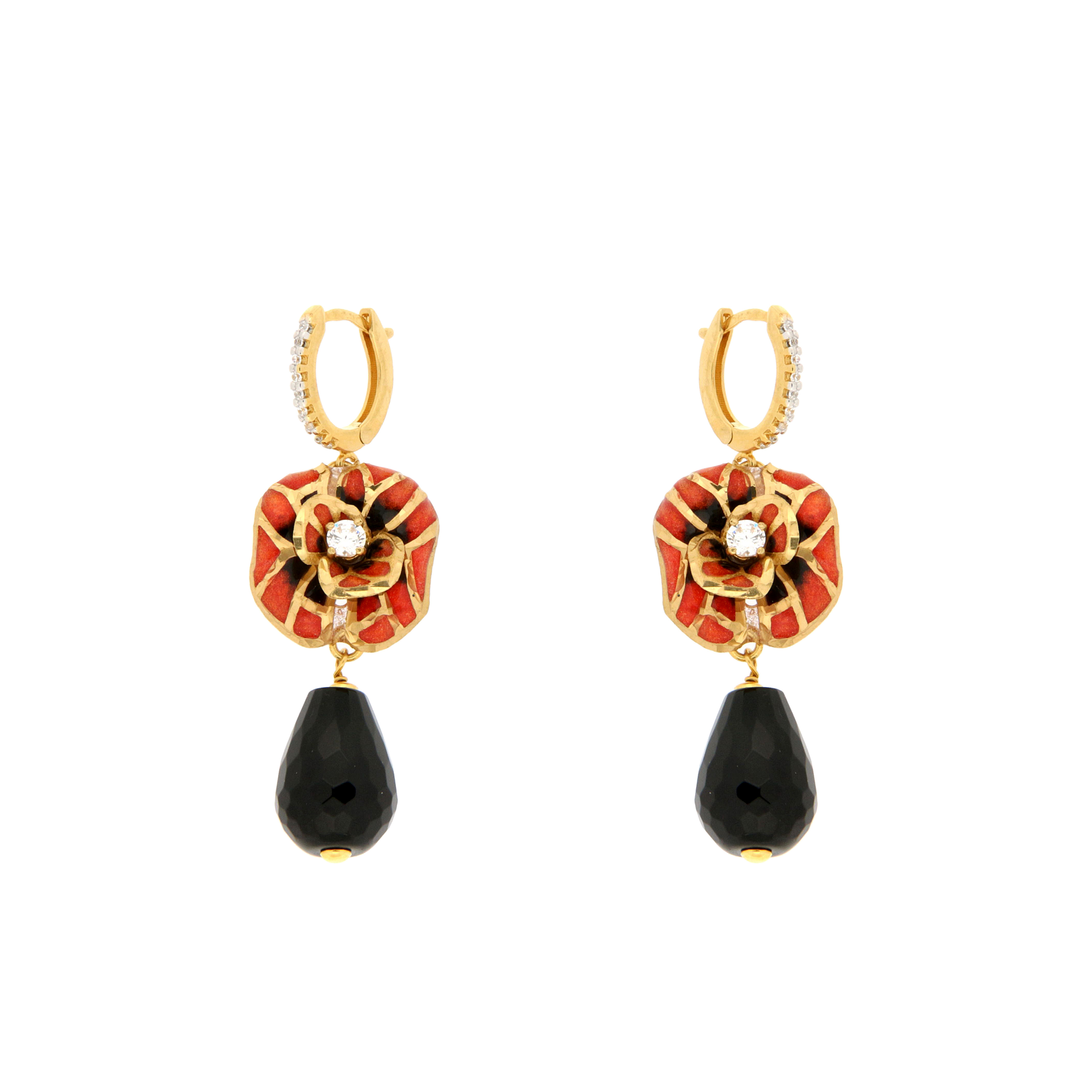 Pavé huggie earrings with poppy enamel flower charms and faceted ebony onyx teardrop drops