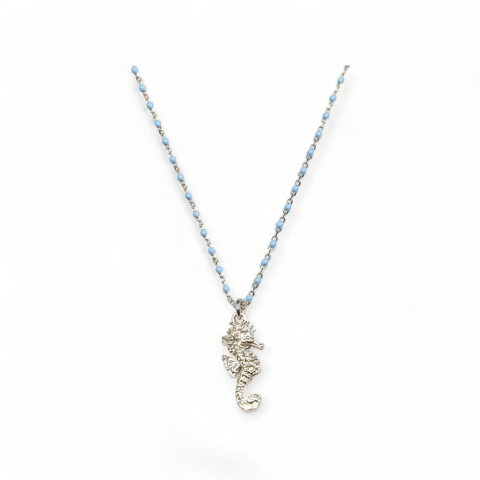 Sculpted silver seahorse pendant on blue enamel bead chain, rhodium-plated brass