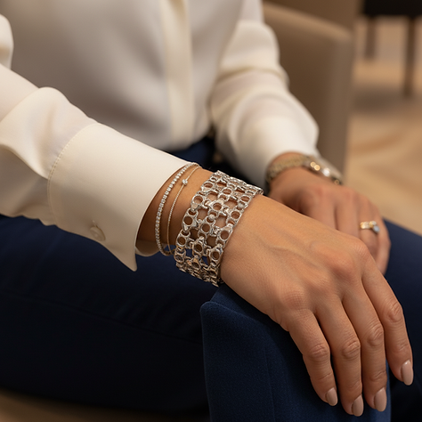 Close-up of a woman’s hand and wrist wearing a handmade silver chain-link bracelet from Italy, paired with a professional outfit