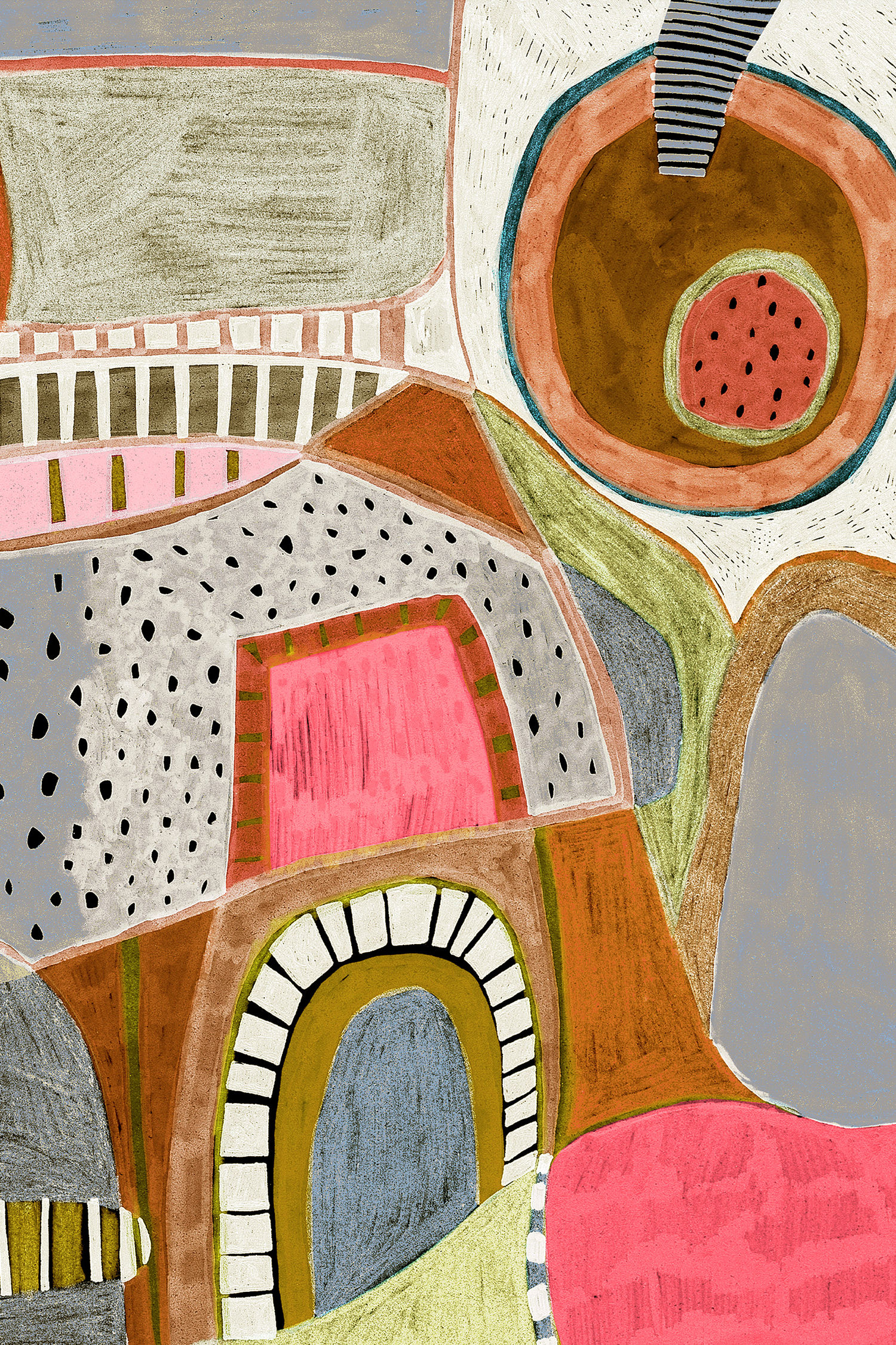 Como silk square scarf with expressionist abstract forms in Slate, Terracotta, Olive, and Deep Rose; seed-dot and watermelon
