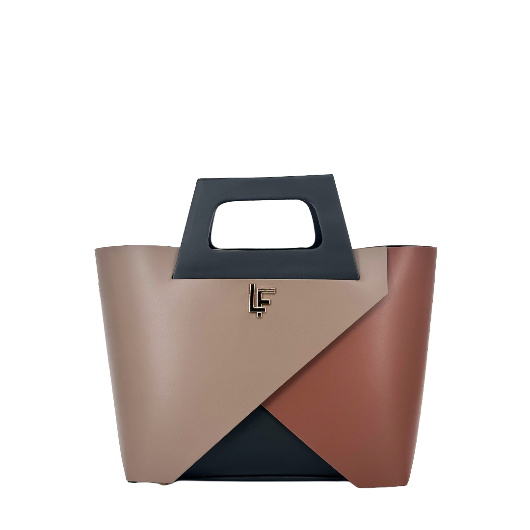 Pewter-Cognac color-block calfskin tote with cut-out top handle and gold hardware