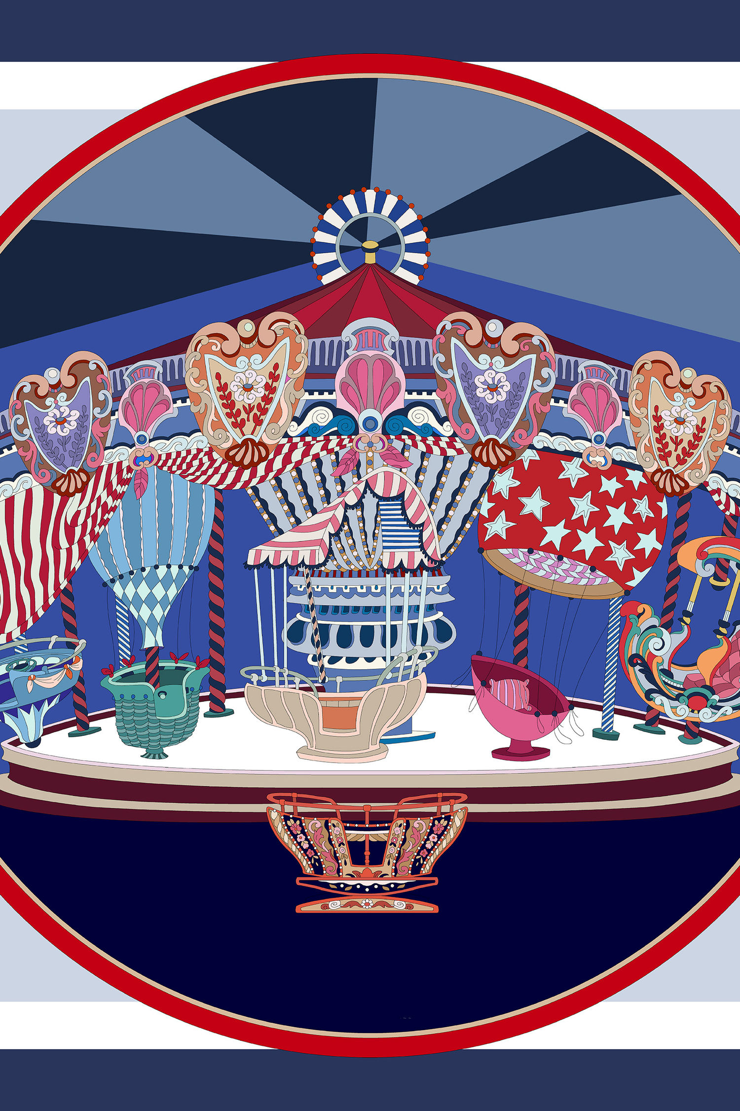 Como silk square scarf with detailed carousel illustration on Ivory ground; Navy border frame; multi-colour carousel motifs;