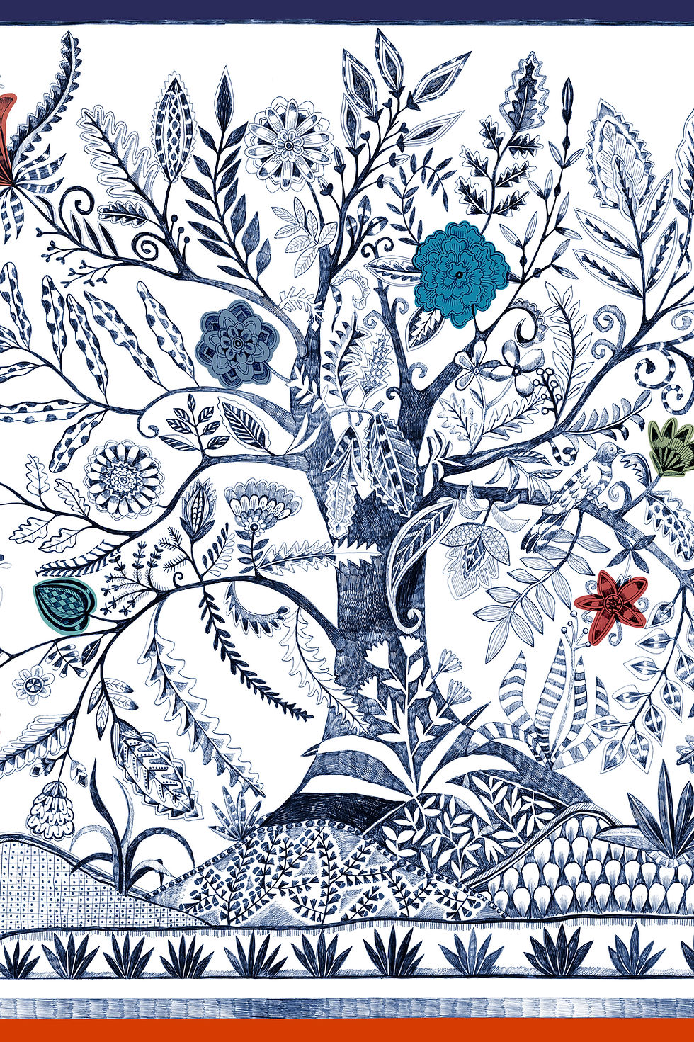 Thumbnail: Chalk modal-linen-silk wrap with tree-of-life botanical line-art in Navy on Chalk ground; Terracotta and Forest accents; self