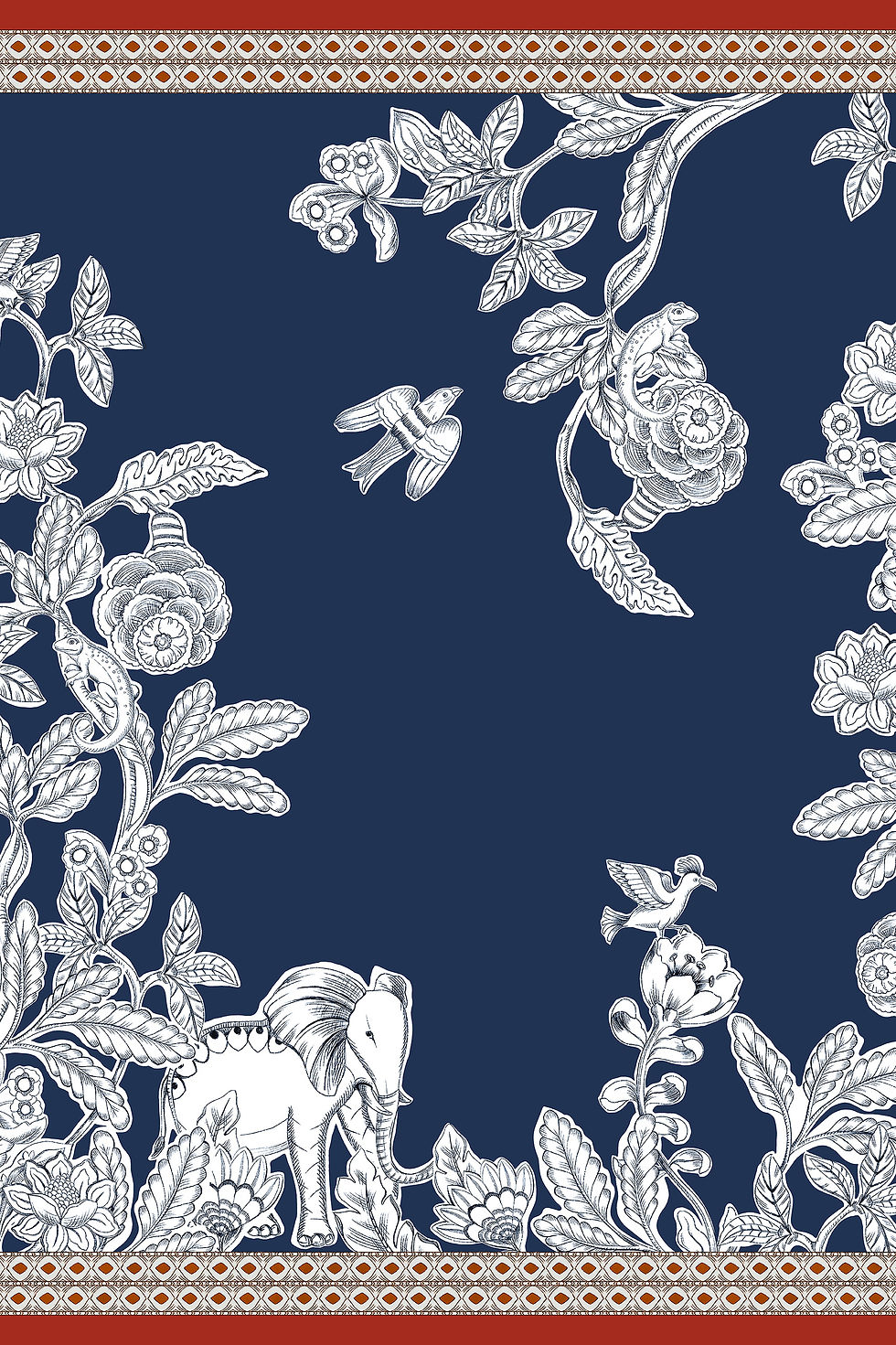 Thumbnail: Como silk square scarf with botanical engraving in Ivory on Navy ground; elephant and bird motifs; diamond-grid border in Ter