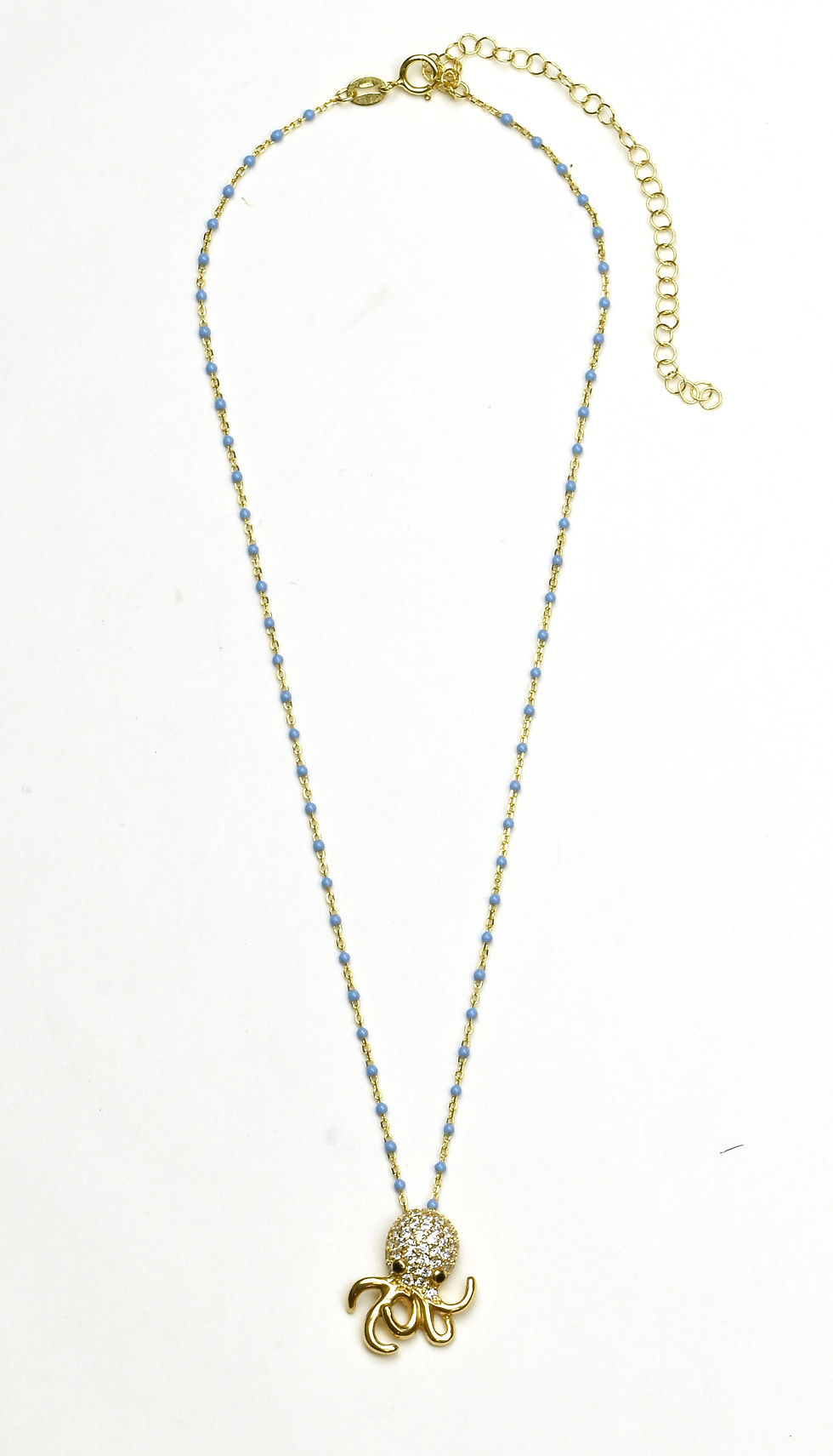 Gold pavé CZ octopus pendant on turquoise blue enamel bead chain necklace