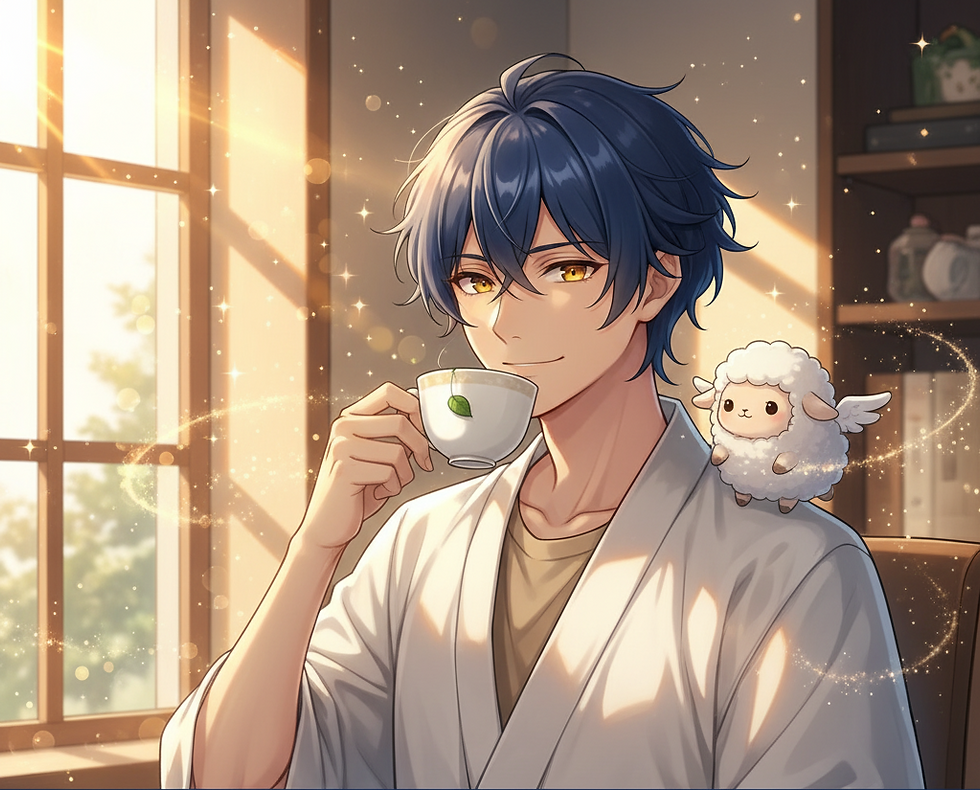 ハーブティーカップを持つソラエルとサンシープ