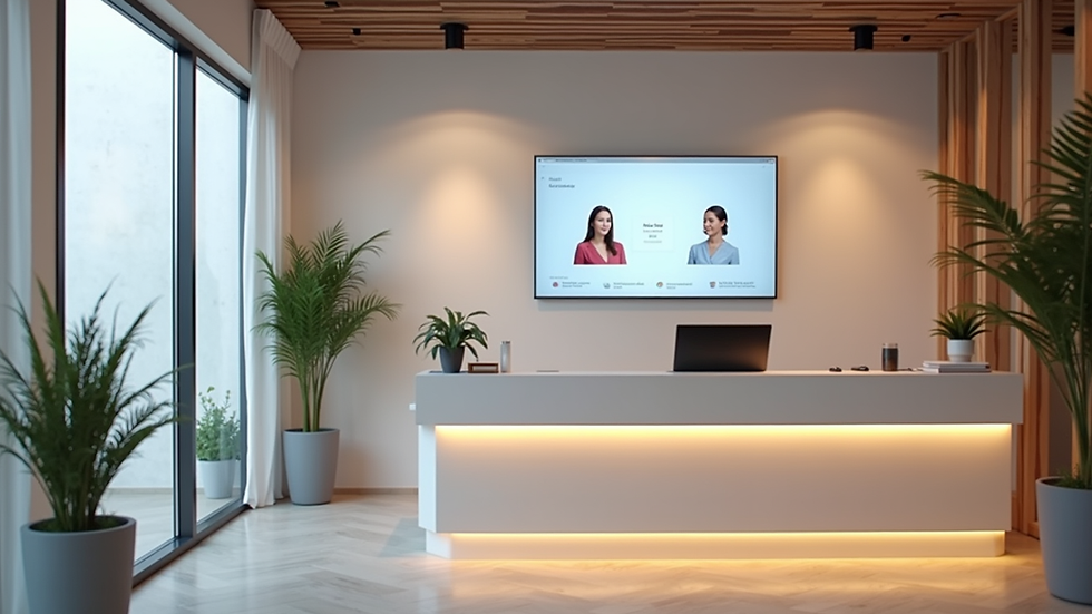 Eye-level view of a modern medspa reception area with digital appointment screens