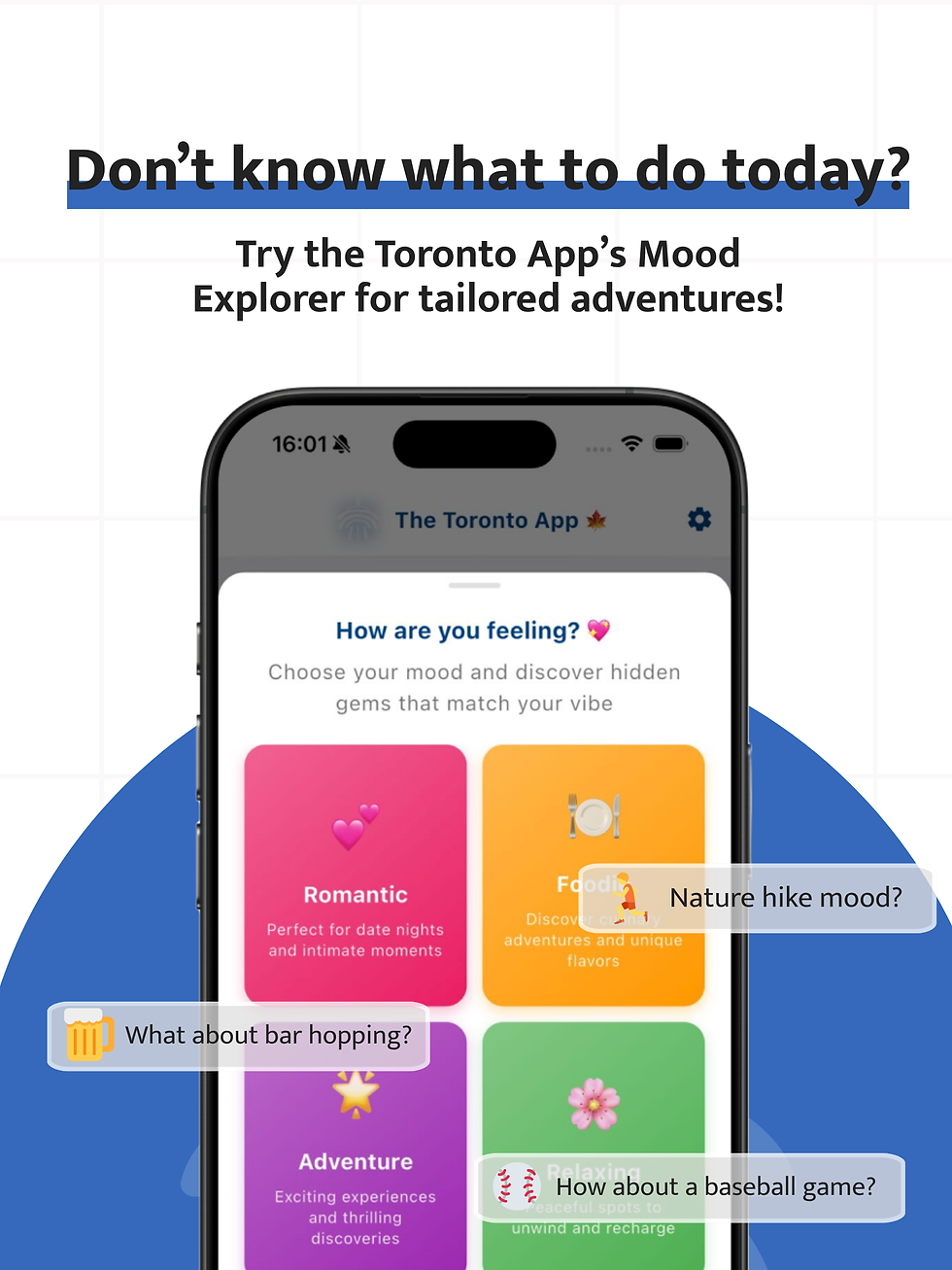 A phone showing different categories of activities you can sort by in the Toronto app.