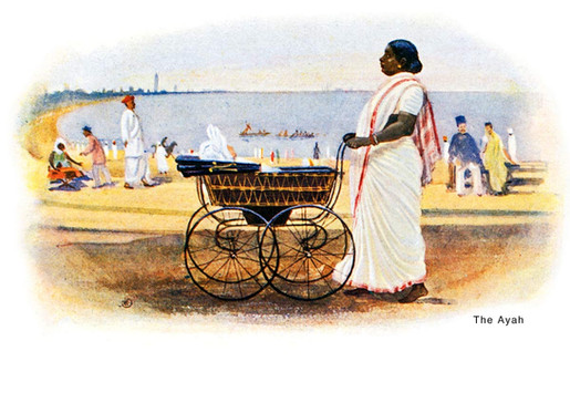 Brightly coloured image of an ayah pushing a pram along a busy beach.