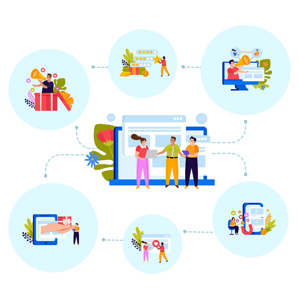 People collaborate on laptops with gift, star, and magnet icons around, connected by lines. Colors are bright and cheerful.