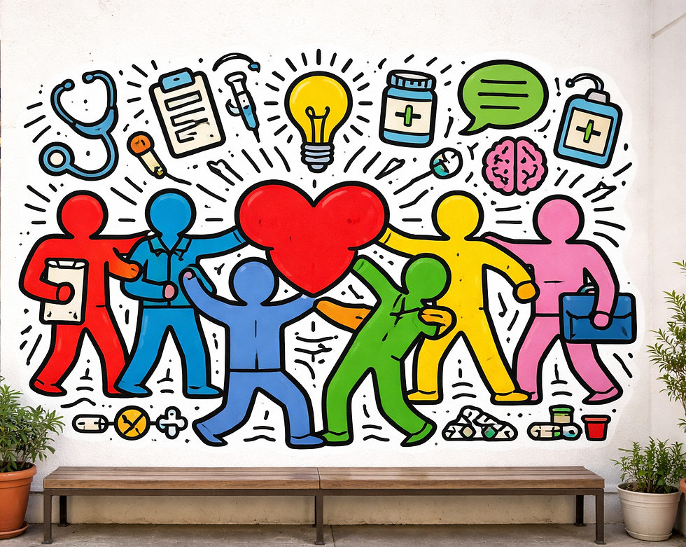 Colorful mural with figures holding a red heart, surrounded by healthcare icons like stethoscope and pills on a white wall. Lively and vibrant.