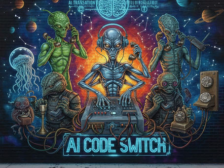 A vibrant street art mural depicting various alien species holding telephones, connected to a central multi-armed alien DJ operating a switchboard, with a neon sign reading 'AI CODE SWITCH
