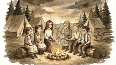Children sit around a campfire roasting marshmallows under rainy skies, surrounded by tents and trees. They appear thoughtful and somber.