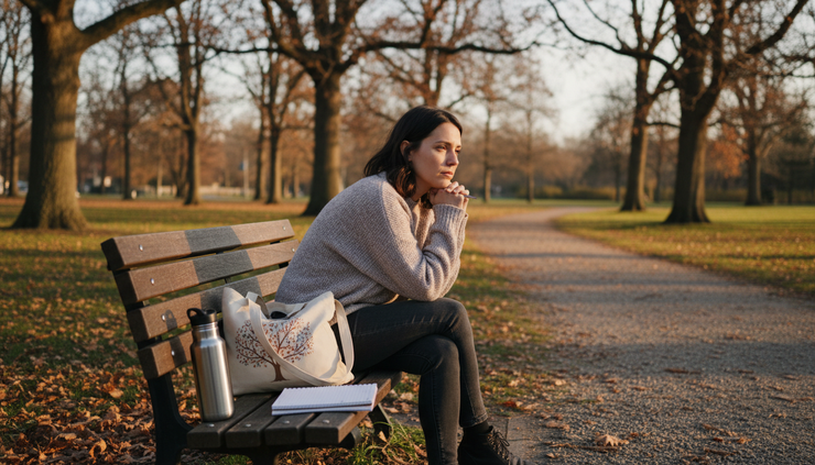 Wide-angle view of a woman sitting alone on a park bench.