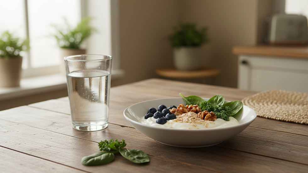 Wide-angle view of a kitchen table with yogurt, berries, oats, leafy greens, and a glass of water.