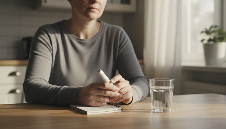Eye-level view of a person sitting calmly beside a kitchen table with a medication pen and a glass of water