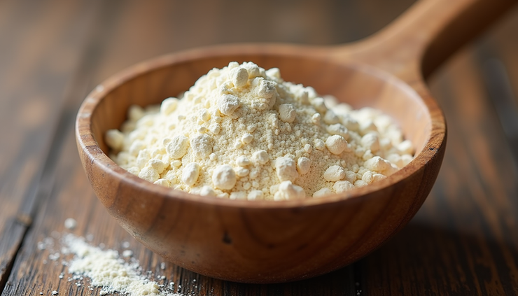 Close-up view of powdered inulin supplement in a wooden bowl