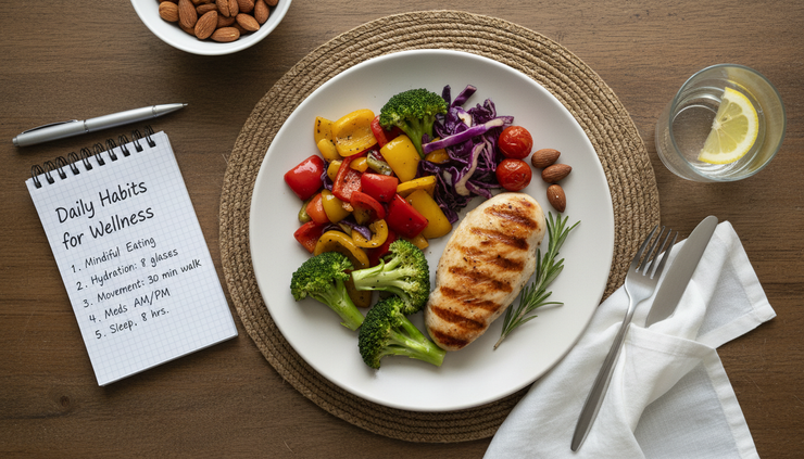 Overhead view of a simple dinner plate with protein, vegetables, water, and a small notebook nearby