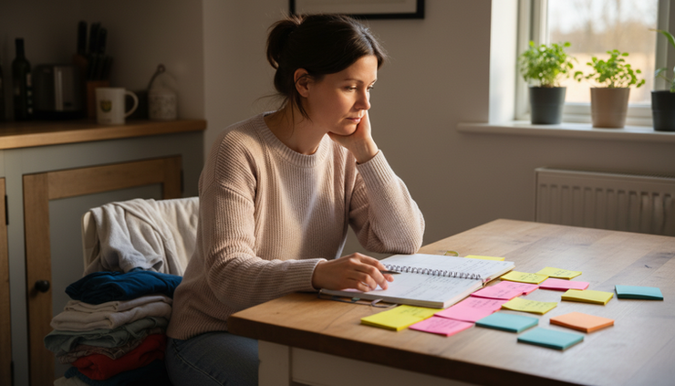 Eye-level view of a woman sorting notes at a kitchen table.