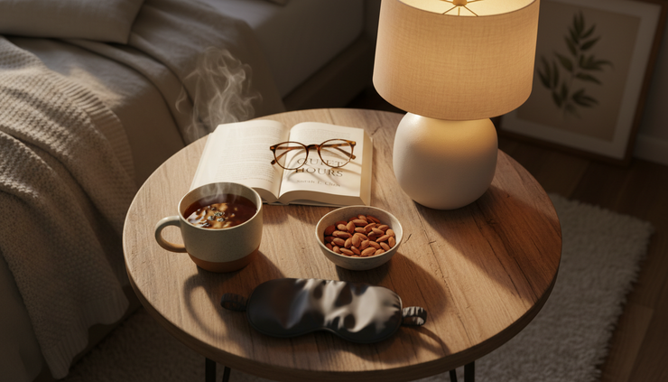 Overhead view of a calming evening routine with tea, a book, and soft light