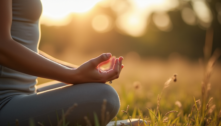 Close-up of a person practicing mindfulness meditation outdoors