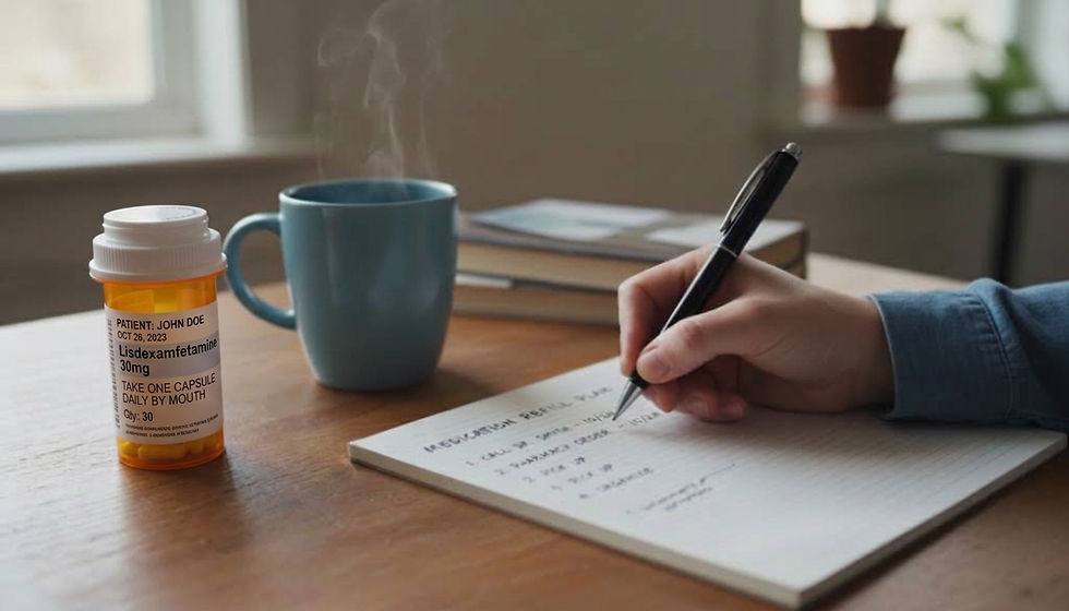 Close-up view of a hand writing a short list of pharmacy calls and refill dates in a notebook
