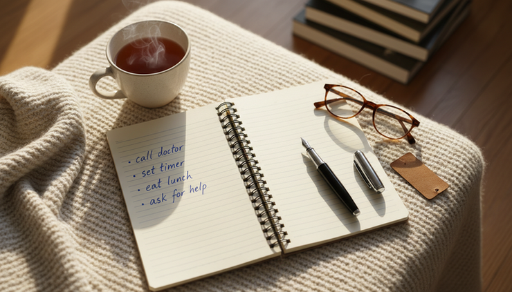 Overhead view of a notebook with gentle reminders written by hand.