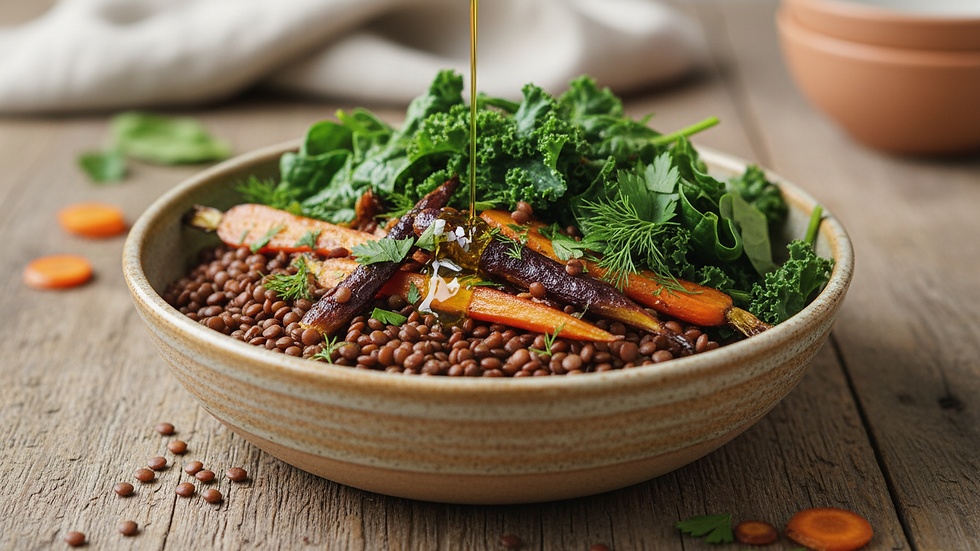Close-up of a bowl of lentils, roasted vegetables, herbs, and olive oil on a simple ceramic plate.